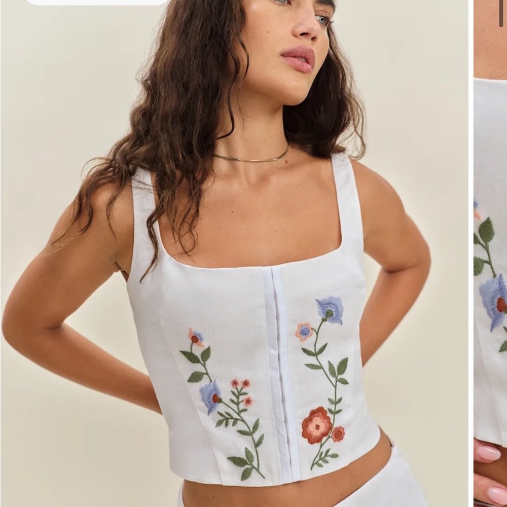 Reformation Juliet Linen Top — White Floral Embroidered Tank Top